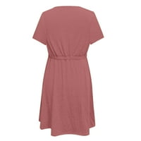 Haljine za žene, kratka ležerna ljetna haljina A kroja s kratkim rukavima, jednobojna haljina s dekolteom u obliku HD, ružičasta