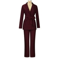 Rasprodaja Za žene, ženski jednobojni kaput s ovratnikom s dugim rukavima, vrhovi + hlače + remen za hlače, komplet odijela, Vino
