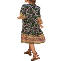 Ženska ležerna haljina s dugim rukavima, Vintage Cvjetni print, haljina srednje dužine s vezicama i gumbima s izrezom u obliku slova