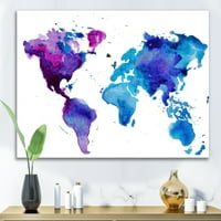 DesignArt 'Plava i Purple Map of the World' Modern Canvas Wall Art Print