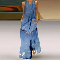 Ženska haljina s džepovima Plus size ljetna haljina bez rukava s dubokim izrezom i printom u obliku slova U, Plus Size plava haljina