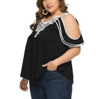 Modna ženska majica veličine plus s slojevitim čipkastim aplikacijama i dekolteom u obliku ramena u obliku slova u-Crna