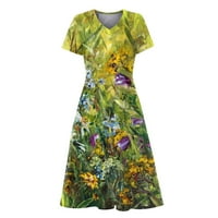 Haljine za žene, a-line ležerna ljetna haljina do koljena s izrezom u obliku slova U i cvjetnim uzorkom, Zelena u obliku slova u