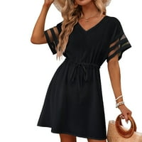 Ljetne haljine za žene, čipkasta jednobojna haljina s izrezom u obliku slova A i kratkim rukavima, crna 3 inča