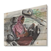 Dizajnerska umjetnost Arapska dama za volanom automobila moderni otisak na prirodnom borovom drvetu